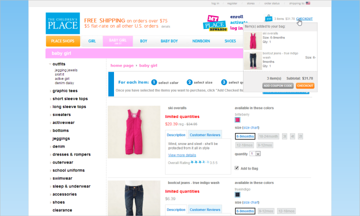 An Add Coupon Code button in the shopping cart preview on ChildrensPlace.com