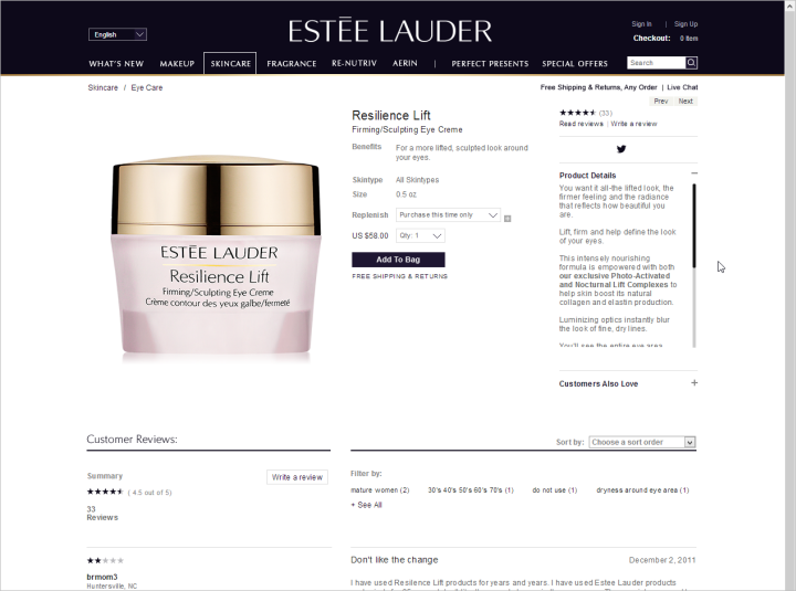 A full product description in a small, scrolling window on Estee Lauder's site